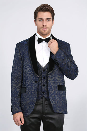 Baroque Patterned Velvet Shawl Collar Vested Navy Blue Tuxedo - Wessi
