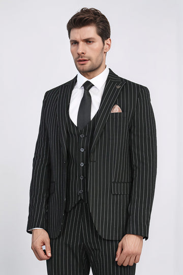 Striped Single Button with Vested Black Mens Suit - Wessi