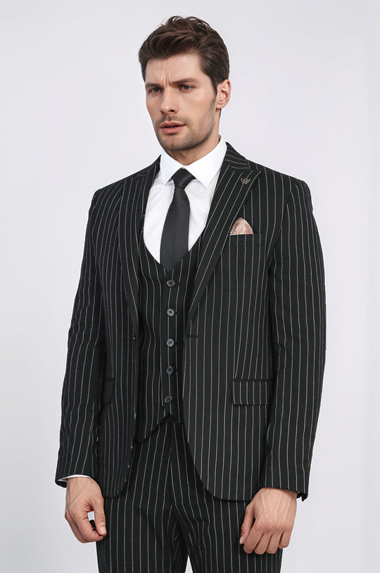 Striped Single Button with Vested Black Mens Suit - Wessi