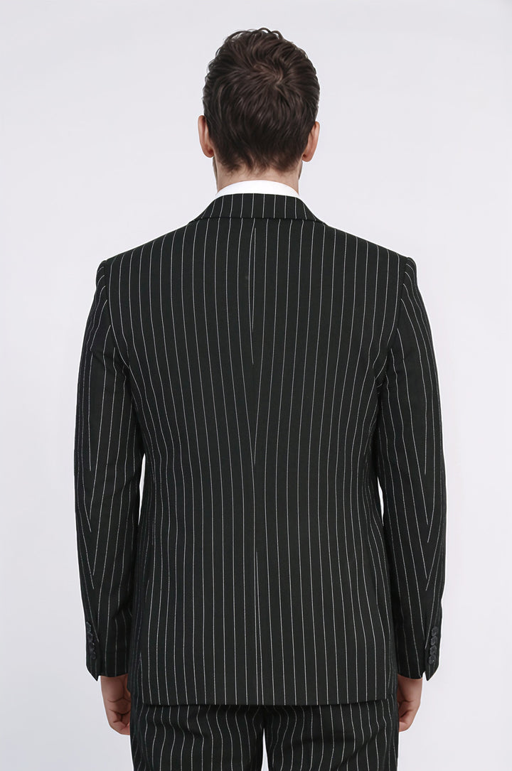 Striped Double-Breasted Button Detailed Vested Black Mens Suit - Wessi