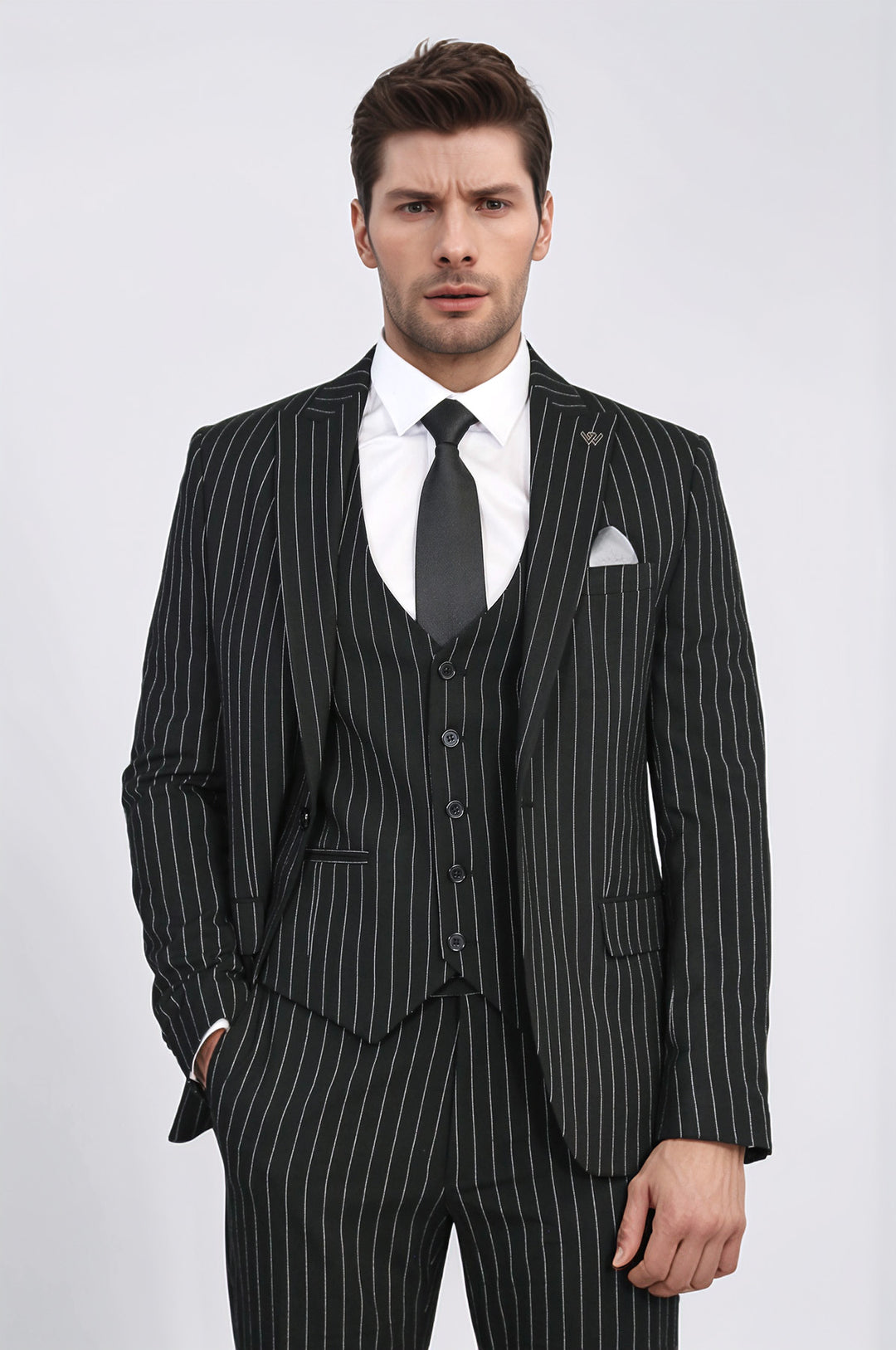 Striped Double-Breasted Button Detailed Vested Black Mens Suit - Wessi