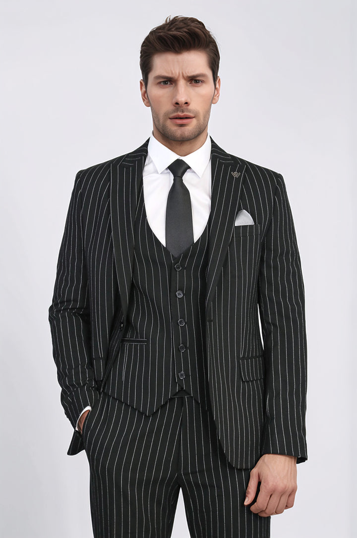 Striped Double-Breasted Button Detailed Vested Black Mens Suit - Wessi