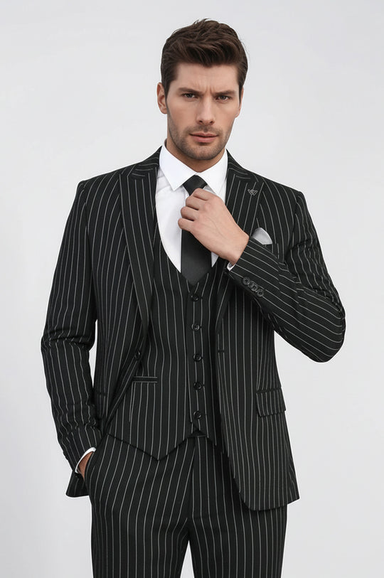 Striped Single Button with Vested Black Mens Suit - Wessi