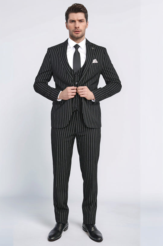 Striped Single Button with Vested Black Mens Suit - Wessi