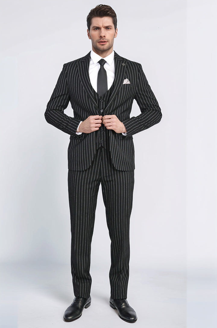 Striped Double-Breasted Button Detailed Vested Black Mens Suit - Wessi