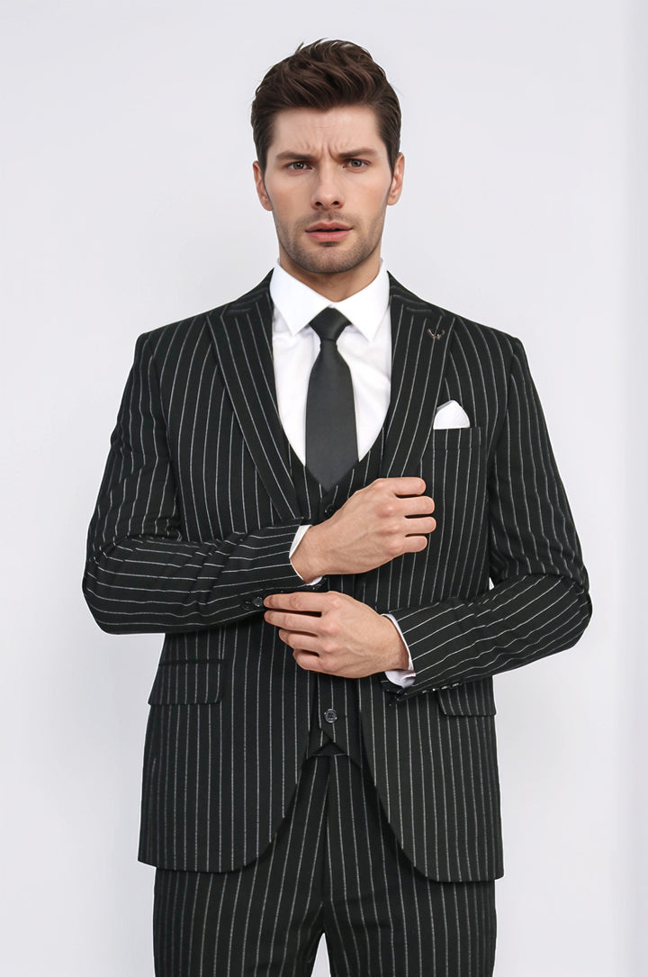 Striped Double-Breasted Button Detailed Vested Black Mens Suit - Wessi