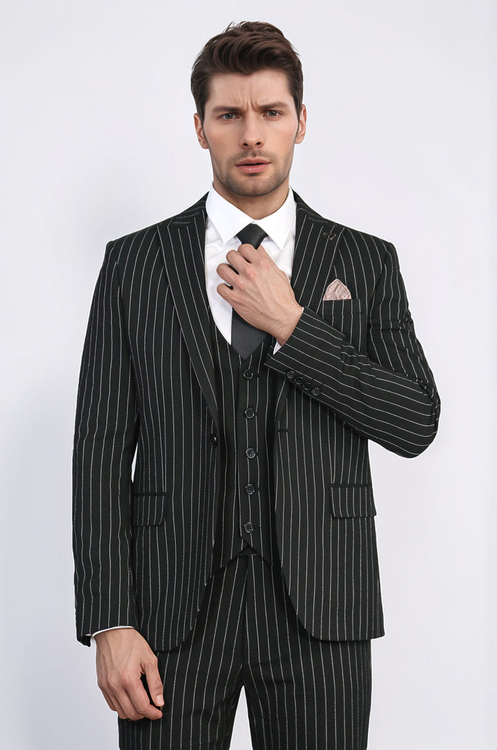 Striped Double-Breasted Button Detailed Vested Black Mens Suit - Wessi