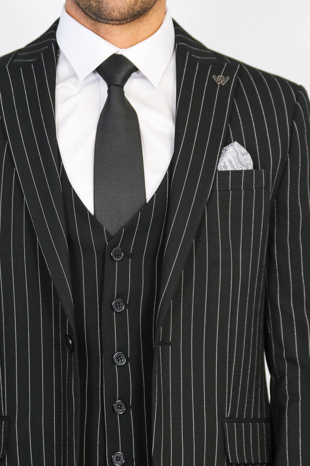 Striped Double-Breasted Button Detailed Vested Black Mens Suit - Wessi