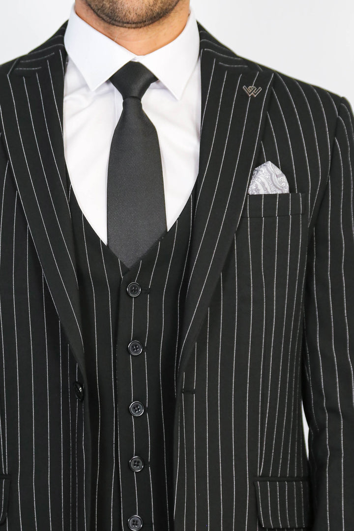 Striped Double-Breasted Button Detailed Vested Black Mens Suit - Wessi