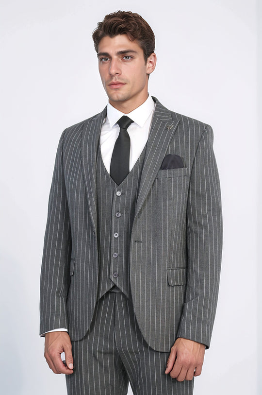 Striped Single Button with Vested Anthracite Mens Suit - Wessi