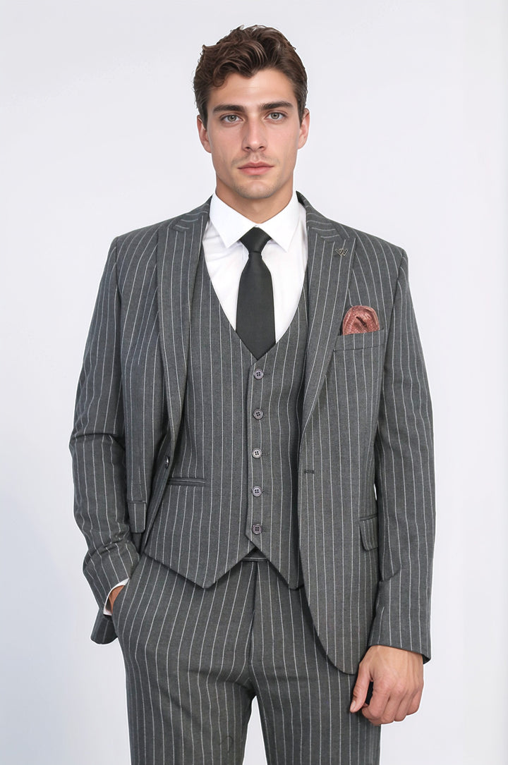Striped Double-Breasted Button Detailed Vested Anthracite Mens Suit - Wessi