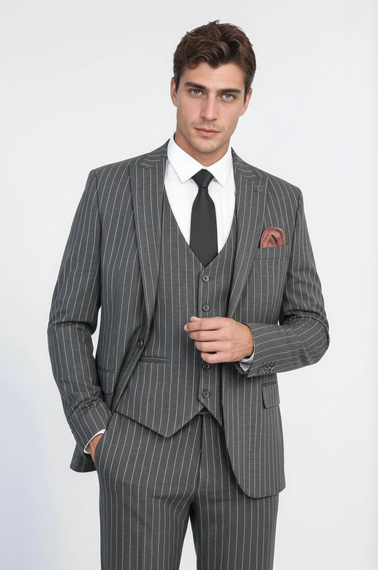 Striped Single Button with Vested Anthracite Mens Suit - Wessi
