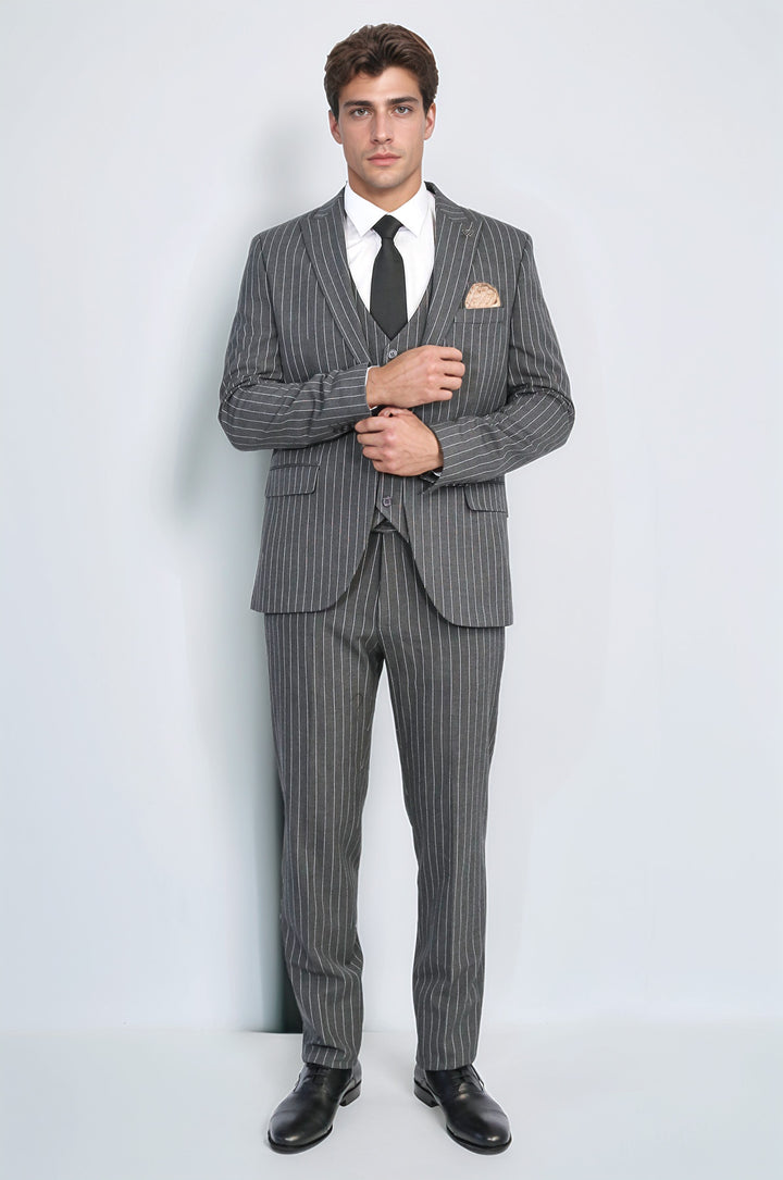 Striped Double-Breasted Button Detailed Vested Anthracite Mens Suit - Wessi