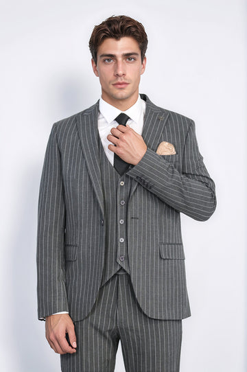 Striped Single Button with Vested Anthracite Mens Suit - Wessi