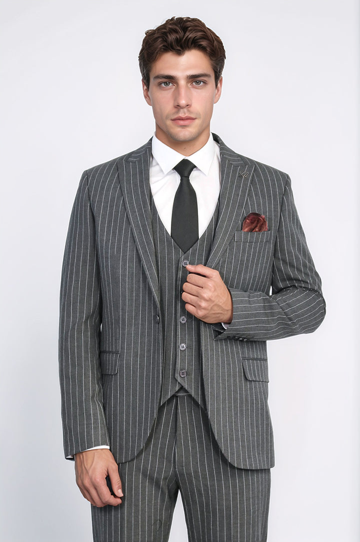 Striped Double-Breasted Button Detailed Vested Anthracite Mens Suit - Wessi