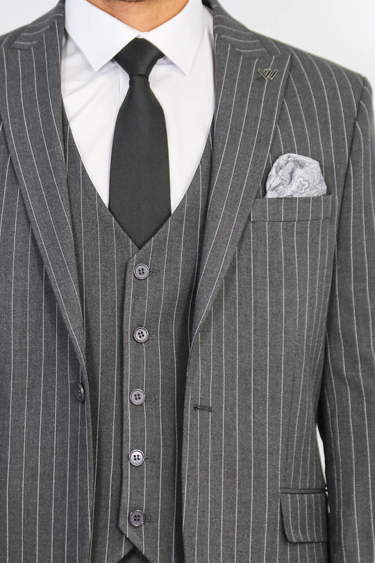 Striped Single Button with Vested Anthracite Mens Suit - Wessi