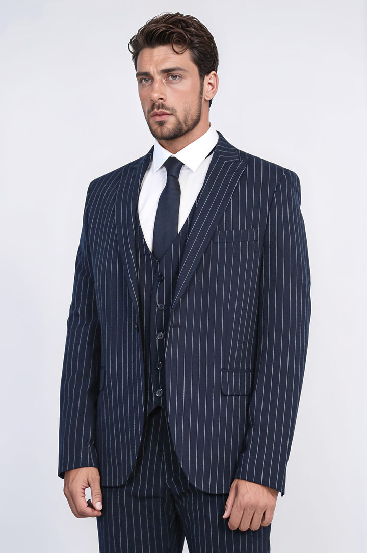 Striped Double-Breasted Button Detailed Vested Navy Blue Mens Suit - Wessi