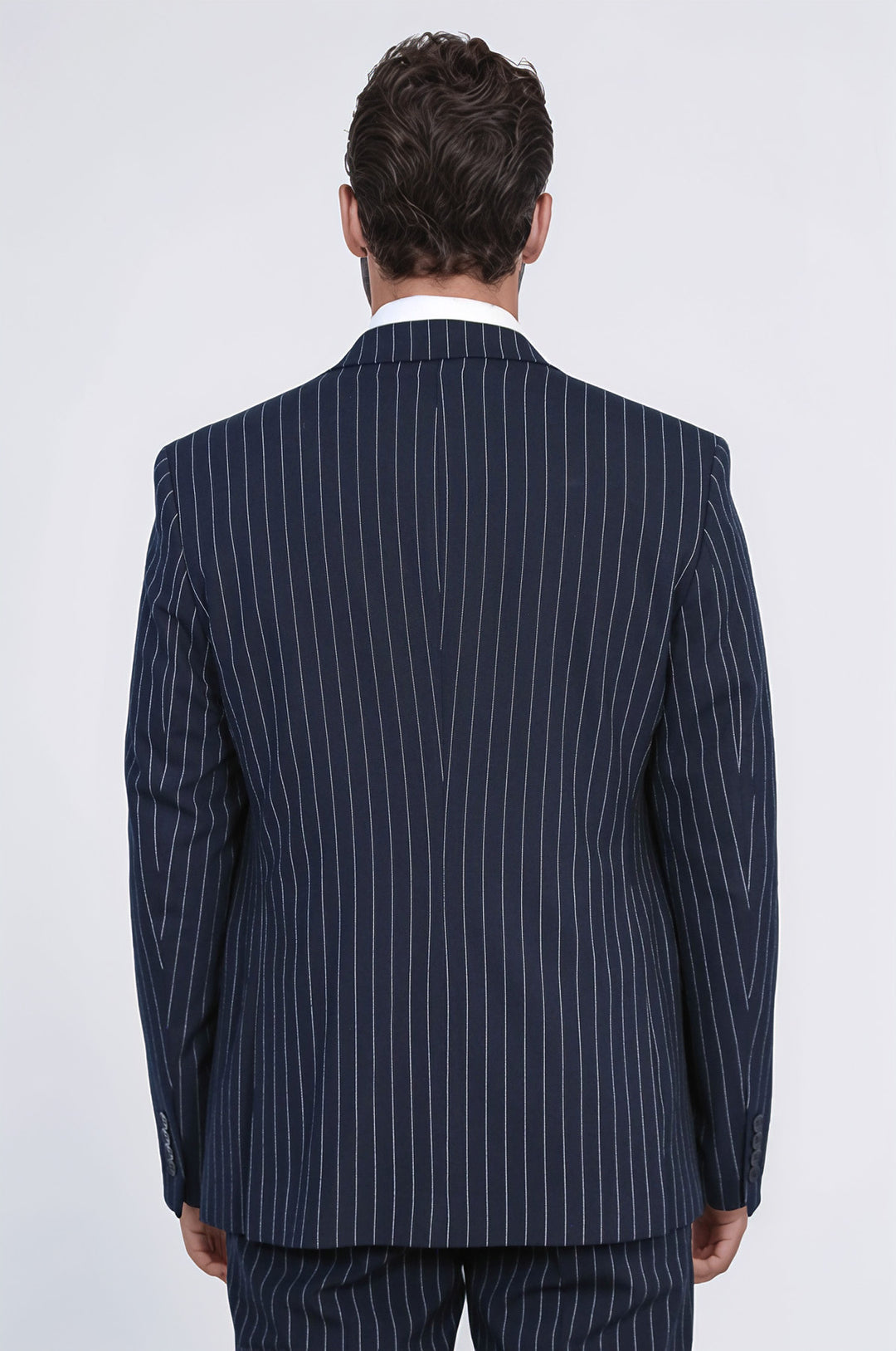 Striped Double-Breasted Button Detailed Vested Navy Blue Mens Suit - Wessi