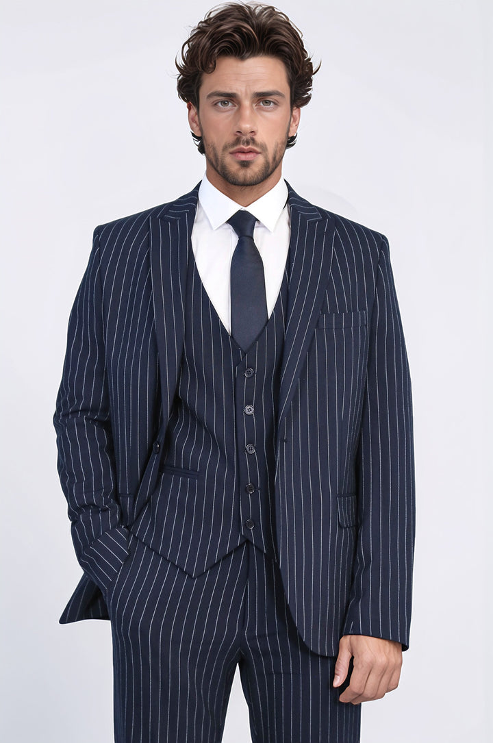 Striped Double-Breasted Button Detailed Vested Navy Blue Mens Suit - Wessi