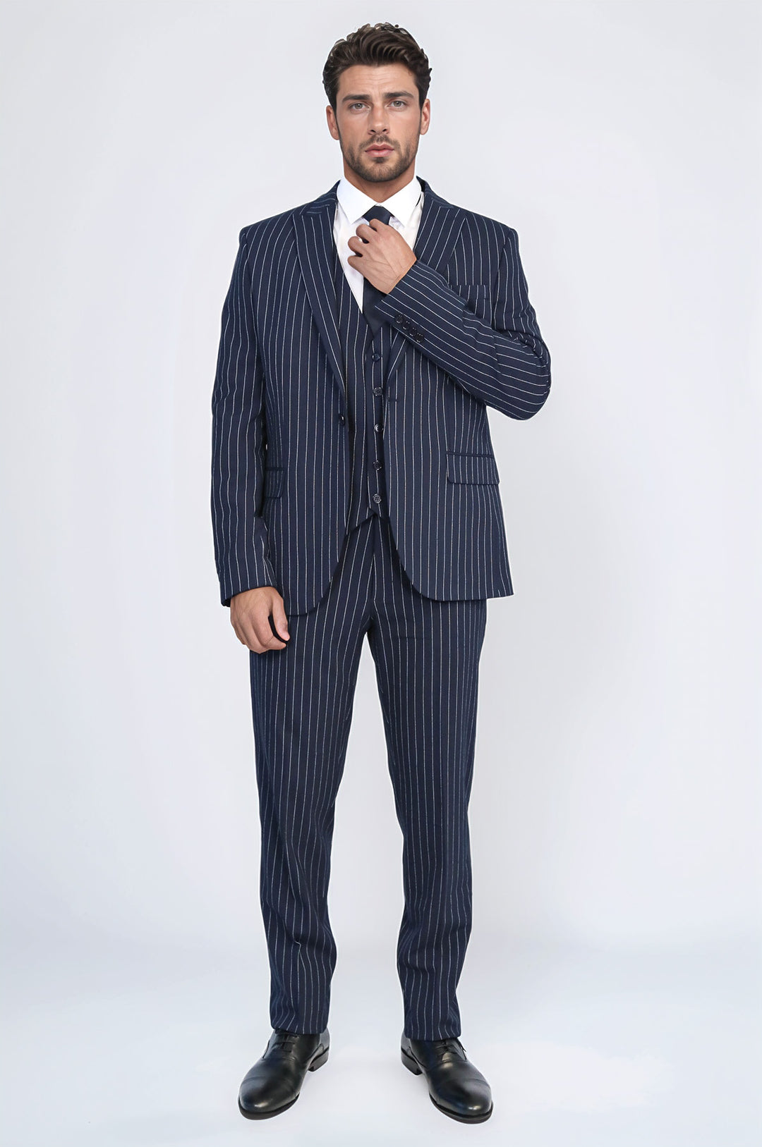 Striped Double-Breasted Button Detailed Vested Navy Blue Mens Suit - Wessi