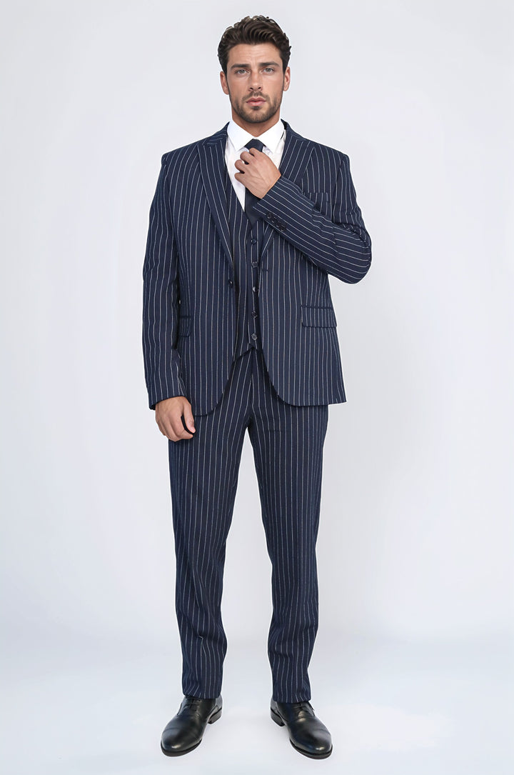 Striped Double-Breasted Button Detailed Vested Navy Blue Mens Suit - Wessi