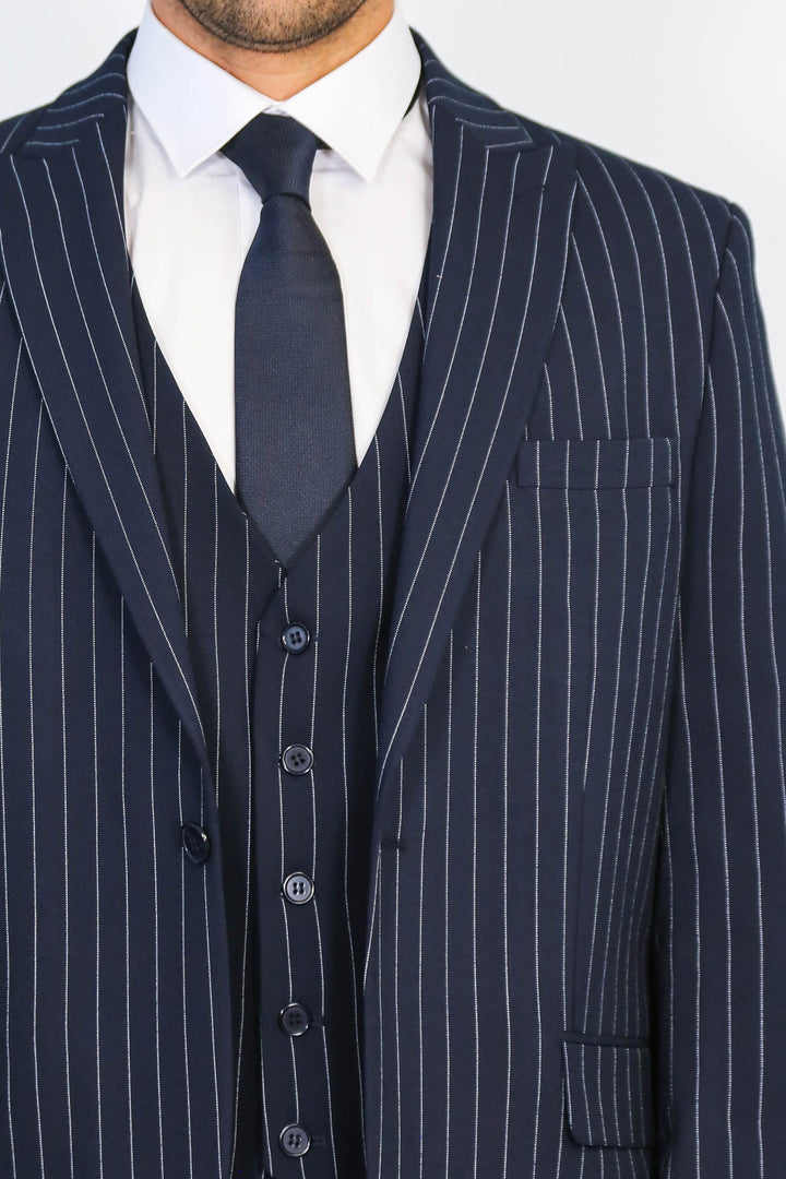 Striped Double-Breasted Button Detailed Vested Navy Blue Mens Suit - Wessi