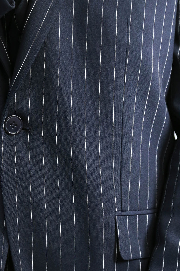 Striped Double-Breasted Button Detailed Vested Navy Blue Mens Suit - Wessi