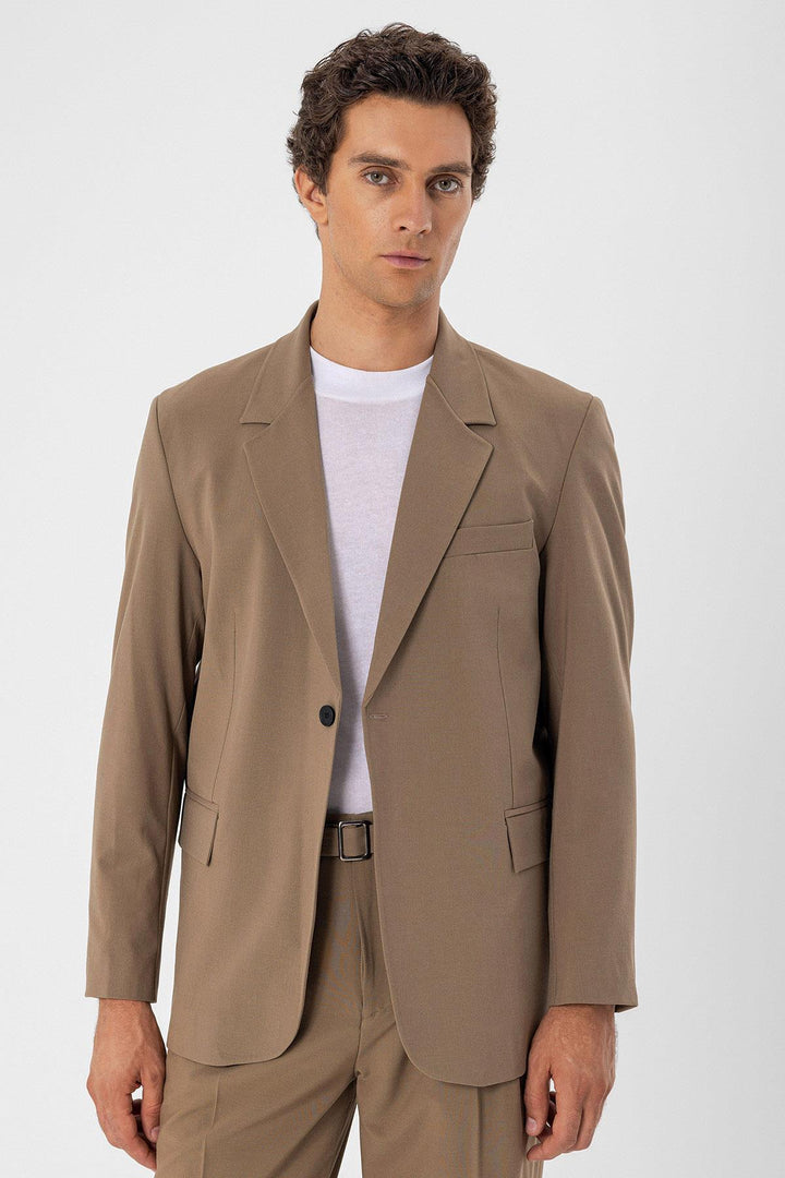 Men's Camel Single Button Closure Slim Fit  Jacket - Wessi