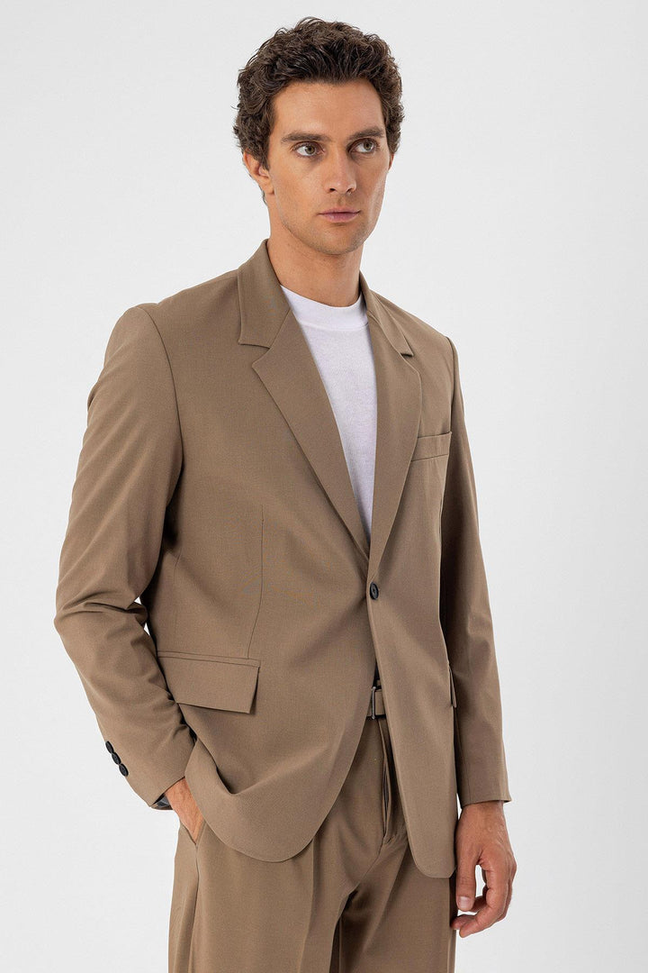 Men's Camel Single Button Closure Slim Fit  Jacket - Wessi