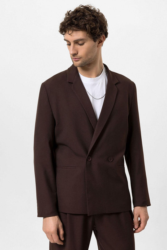 Men's Brown Single-Button Double-Breasted  Blazer - Wessi