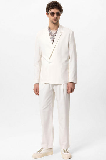 Men's Ecru Single-Button Double-Breasted  Blazer - Wessi