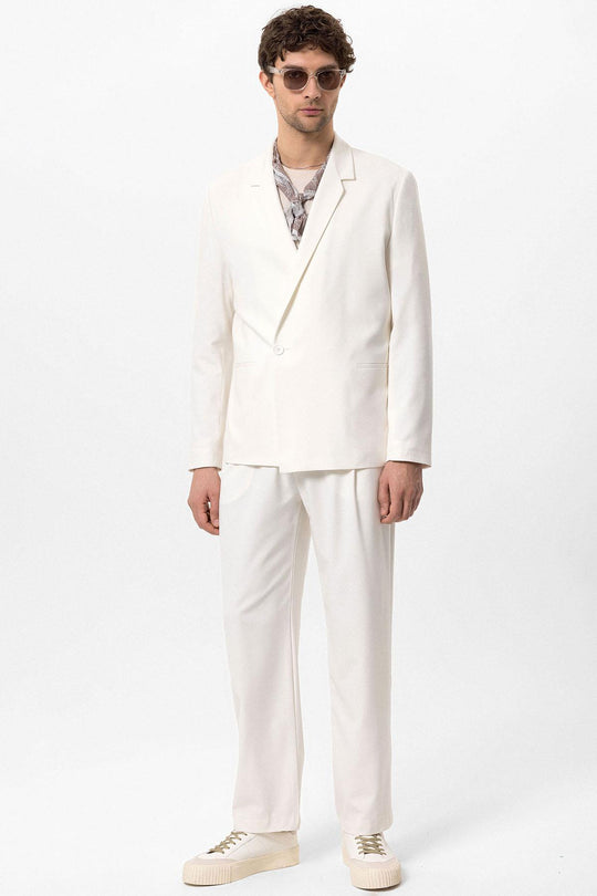 Men's Ecru Single-Button Double-Breasted  Blazer - Wessi