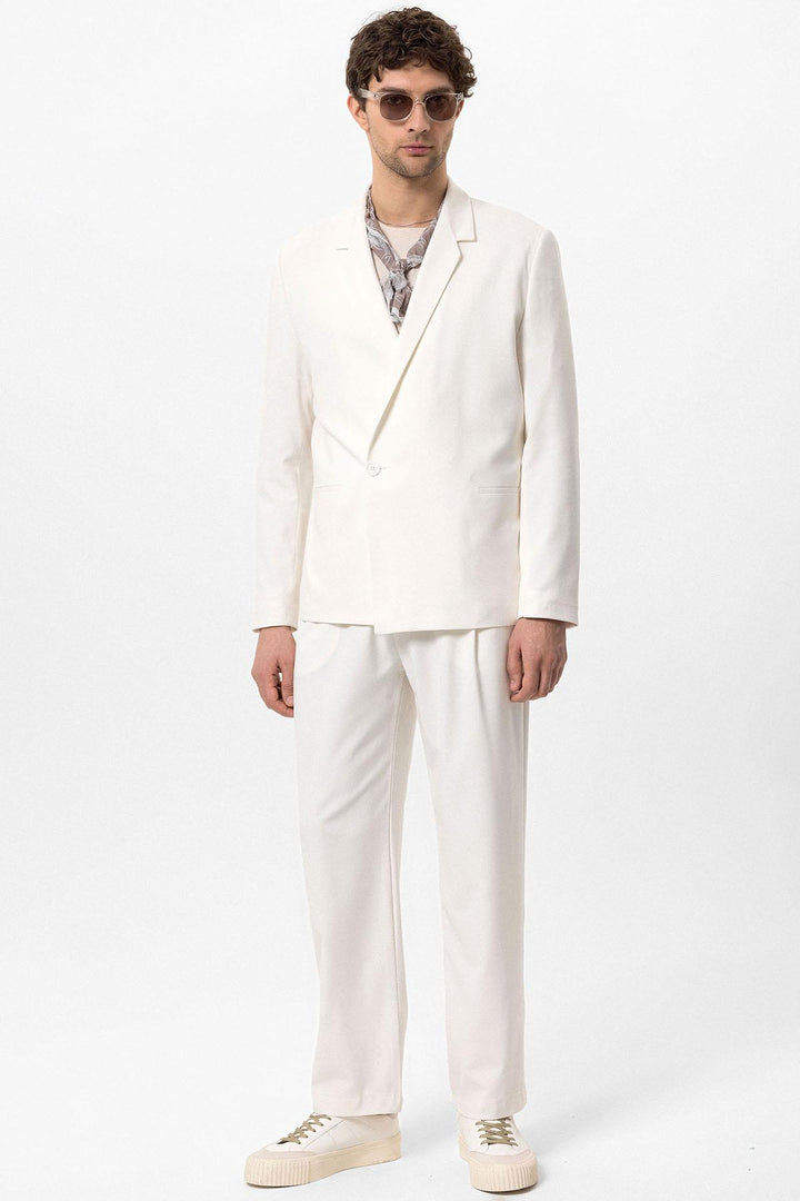 Men's Ecru Single-Button Double-Breasted  Blazer - Wessi