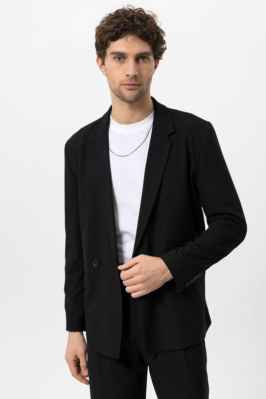 Men's Black Single-Button Double-Breasted  Blazer - Wessi