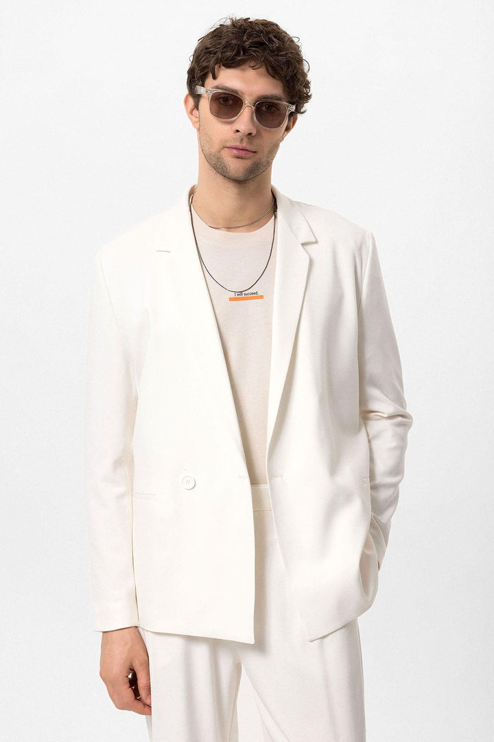 Men's Ecru Single-Button Double-Breasted  Blazer - Wessi