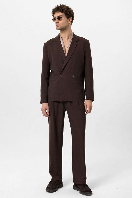 Men's Brown Single-Button Double-Breasted  Blazer - Wessi