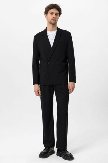 Men's Black Single-Button Double-Breasted  Blazer - Wessi