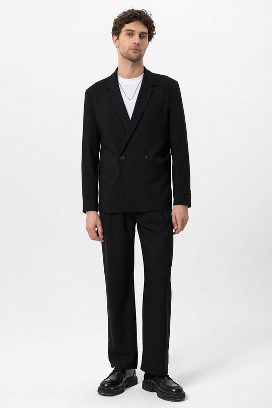 Men's Black Single-Button Double-Breasted  Blazer - Wessi