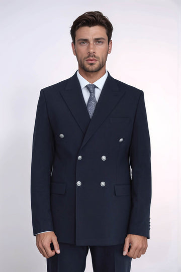 Modern Fit Double-Breasted Navy Men’s Suit with Silver-Tone Metal Buttons – Wessi