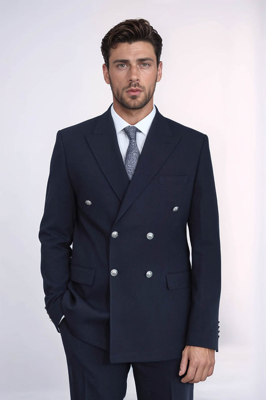 Modern Fit Double-Breasted Navy Men’s Suit with Silver-Tone Metal Buttons – Wessi