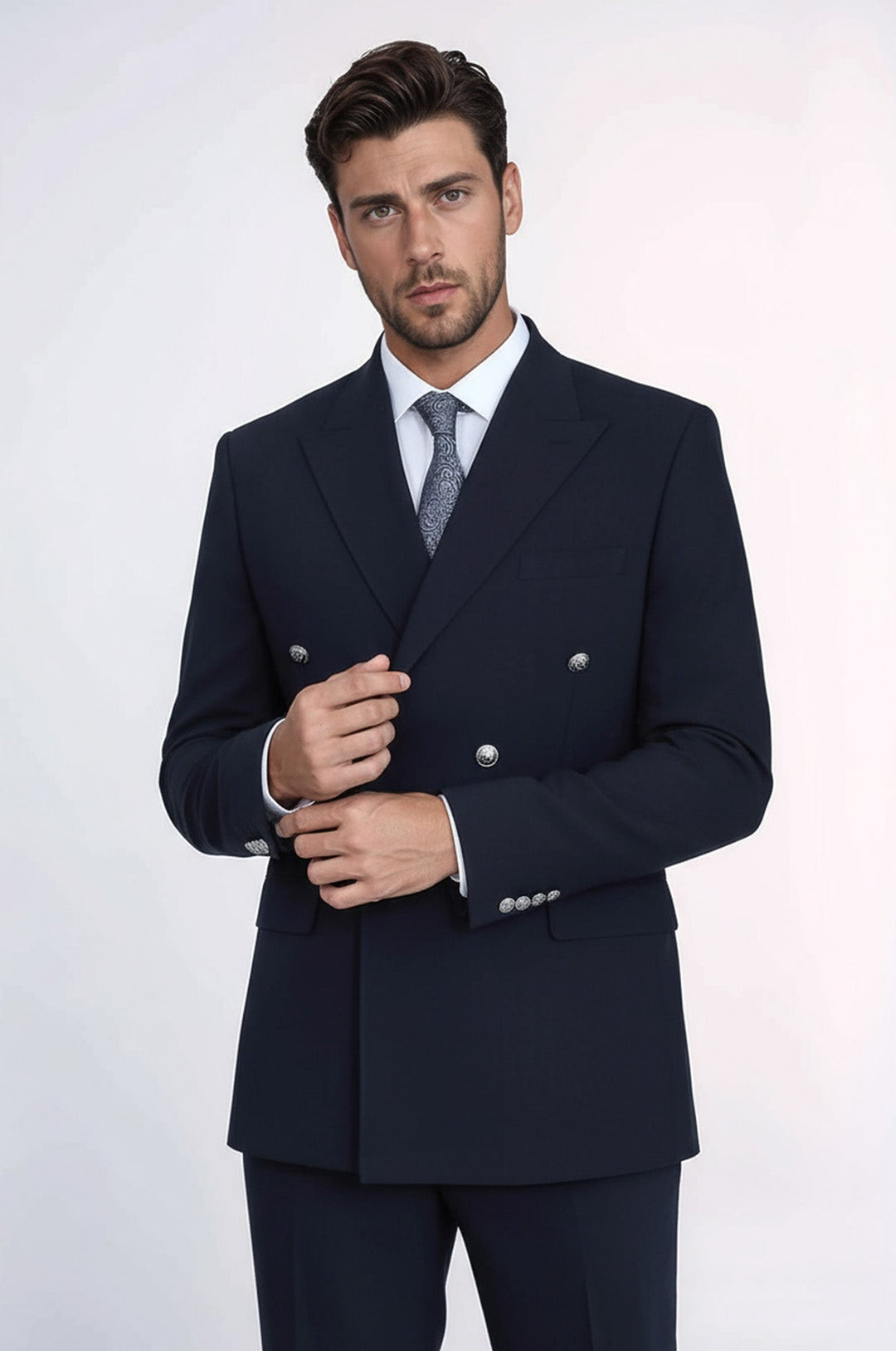 Slim Fit Double-Breasted Navy Men’s Suit with Silver-Tone Metal Buttons – Wessi