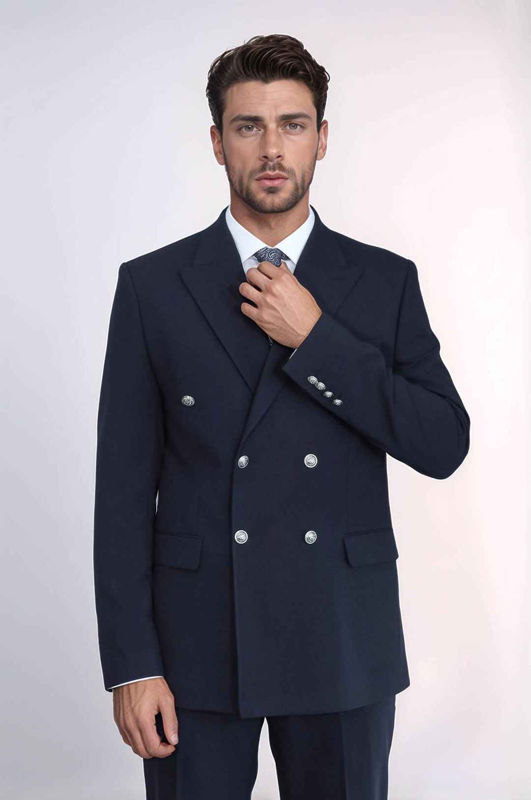 Slim Fit Double-Breasted Navy Men’s Suit with Silver-Tone Metal Buttons – Wessi