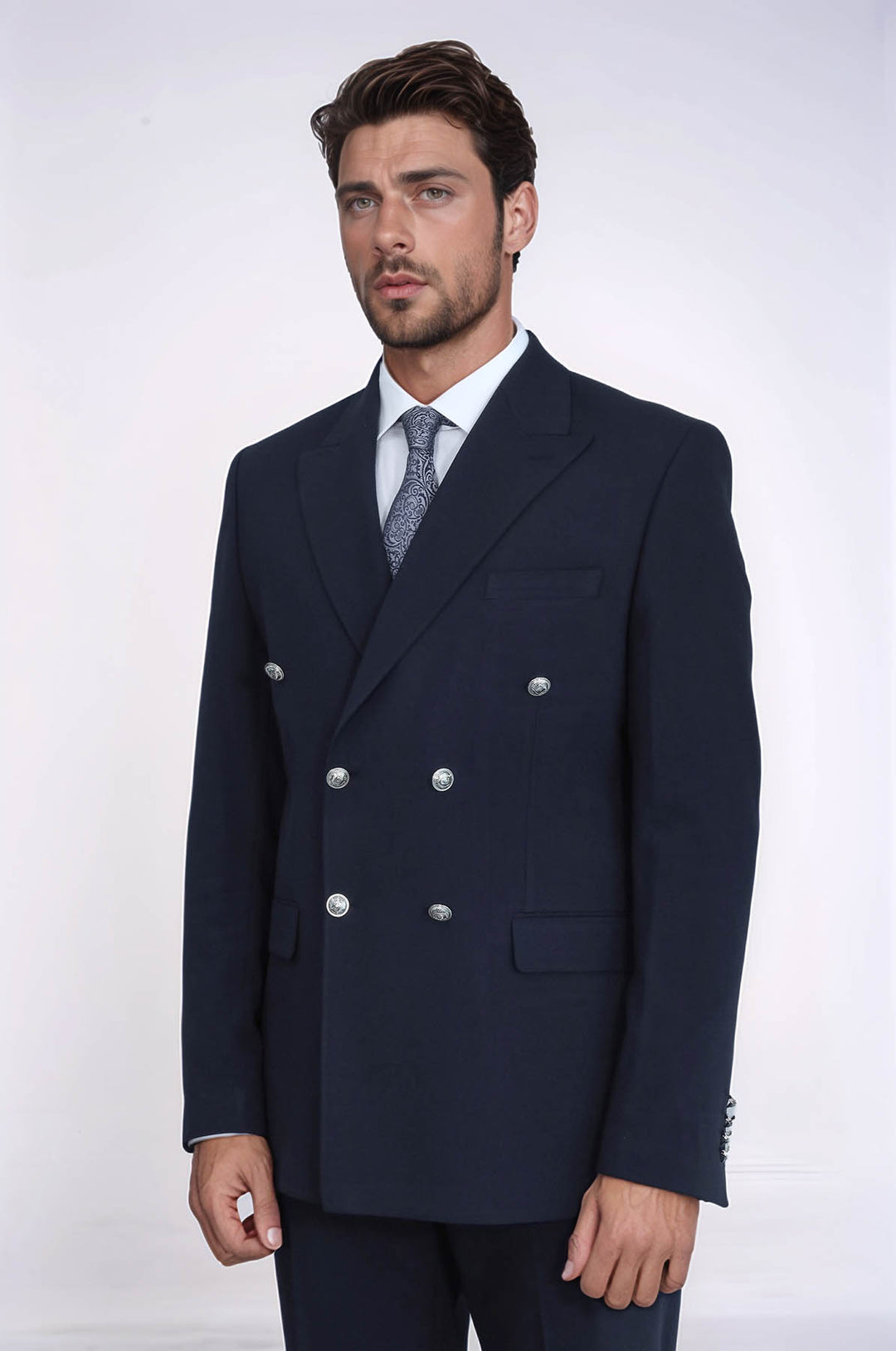 Slim Fit Double-Breasted Navy Men’s Suit with Silver-Tone Metal Buttons – Wessi