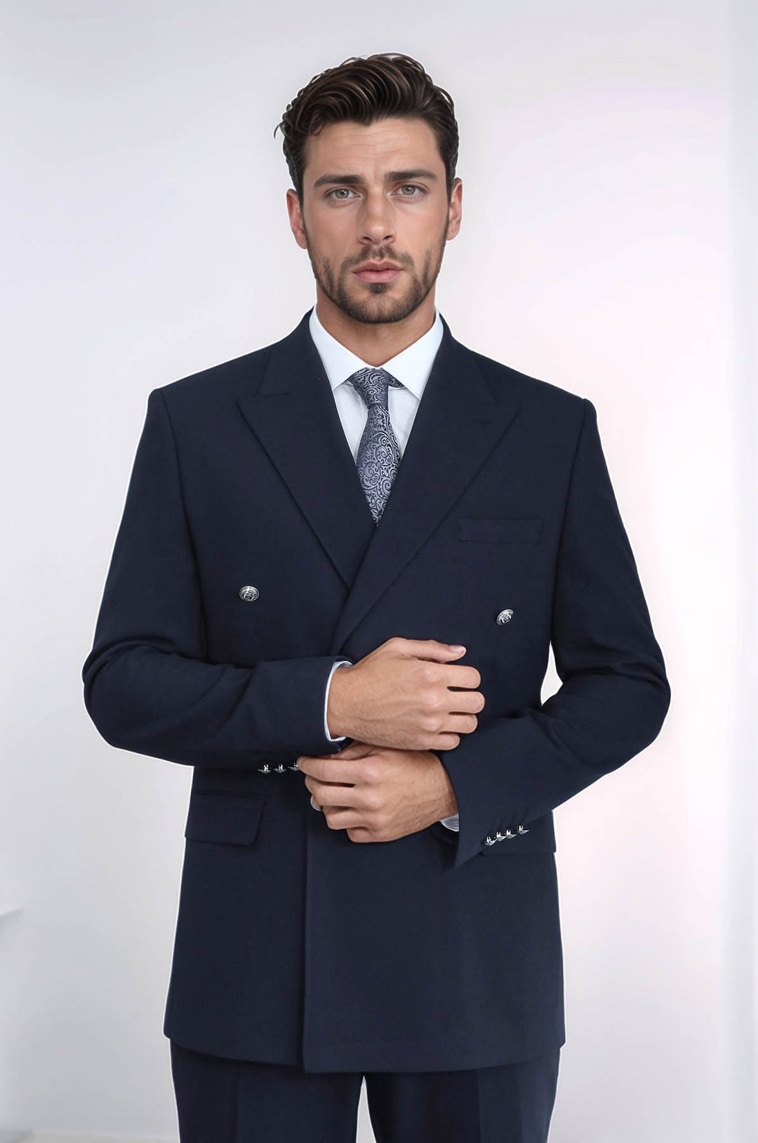 Slim Fit Double-Breasted Navy Men’s Suit with Silver-Tone Metal Buttons – Wessi