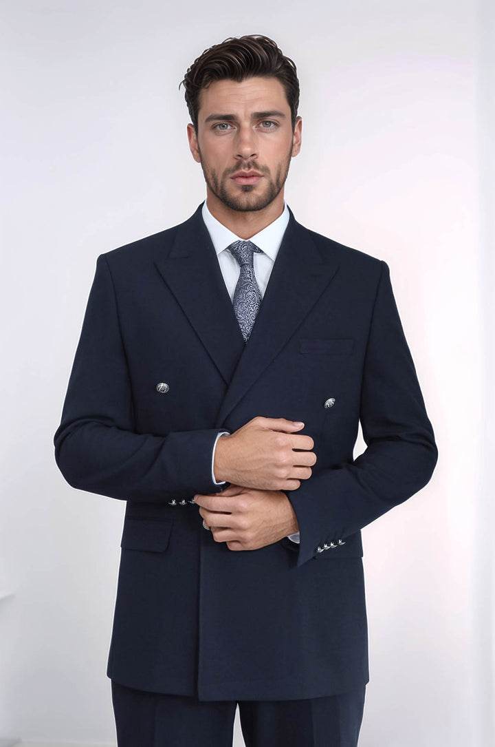 Slim Fit Double-Breasted Navy Men’s Suit with Silver-Tone Metal Buttons – Wessi