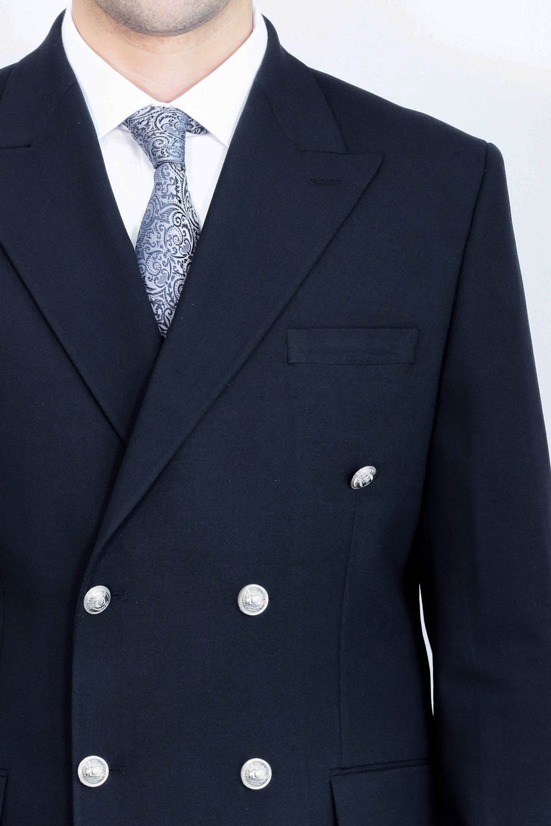 Slim Fit Double-Breasted Navy Men’s Suit with Silver-Tone Metal Buttons – Wessi