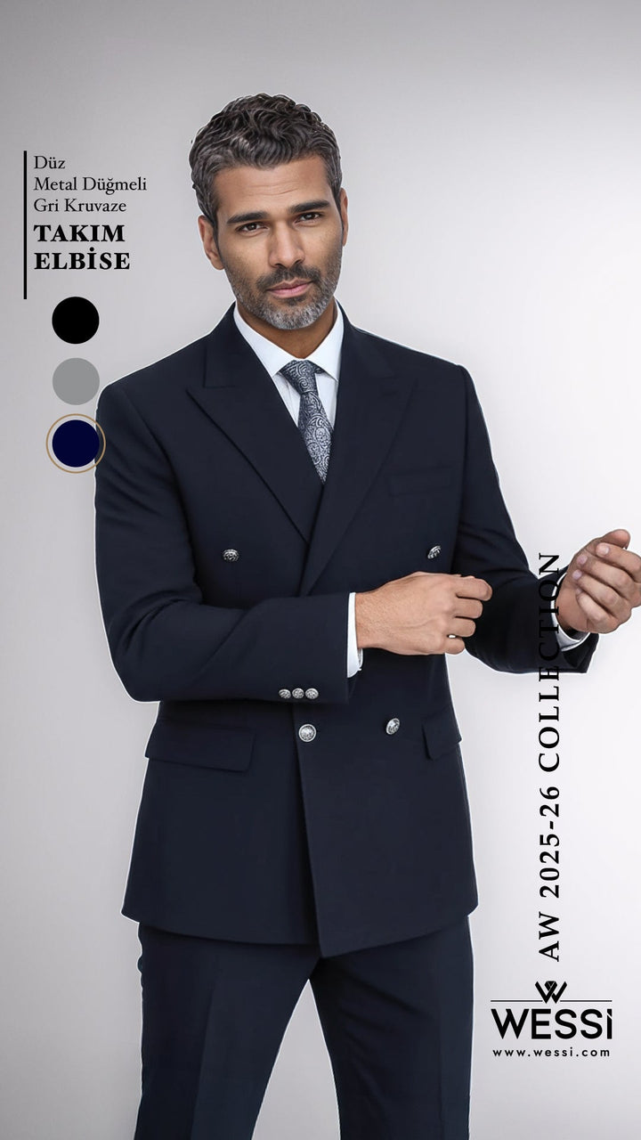 Slim Fit Double-Breasted Navy Men’s Suit with Silver-Tone Metal Buttons – Wessi