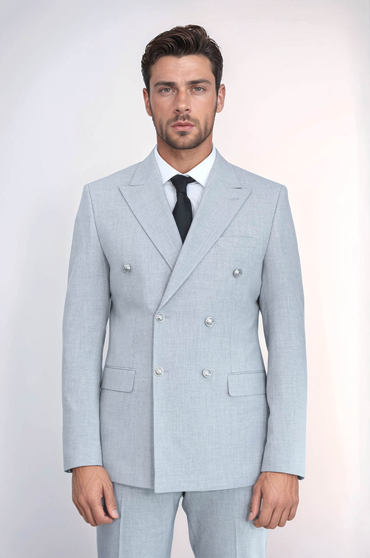 Slim Fit Double-Breasted Grey Men’s Suit with Silver-Tone Metal Buttons – Wessi