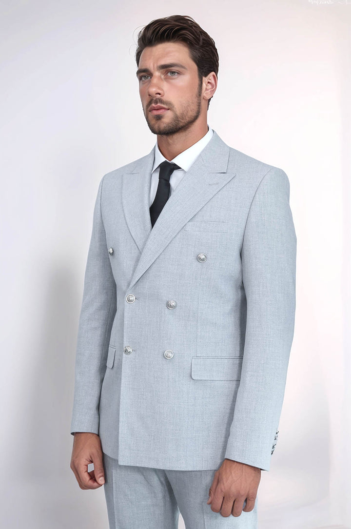 Slim Fit Double-Breasted Grey Men’s Suit with Silver-Tone Metal Buttons – Wessi