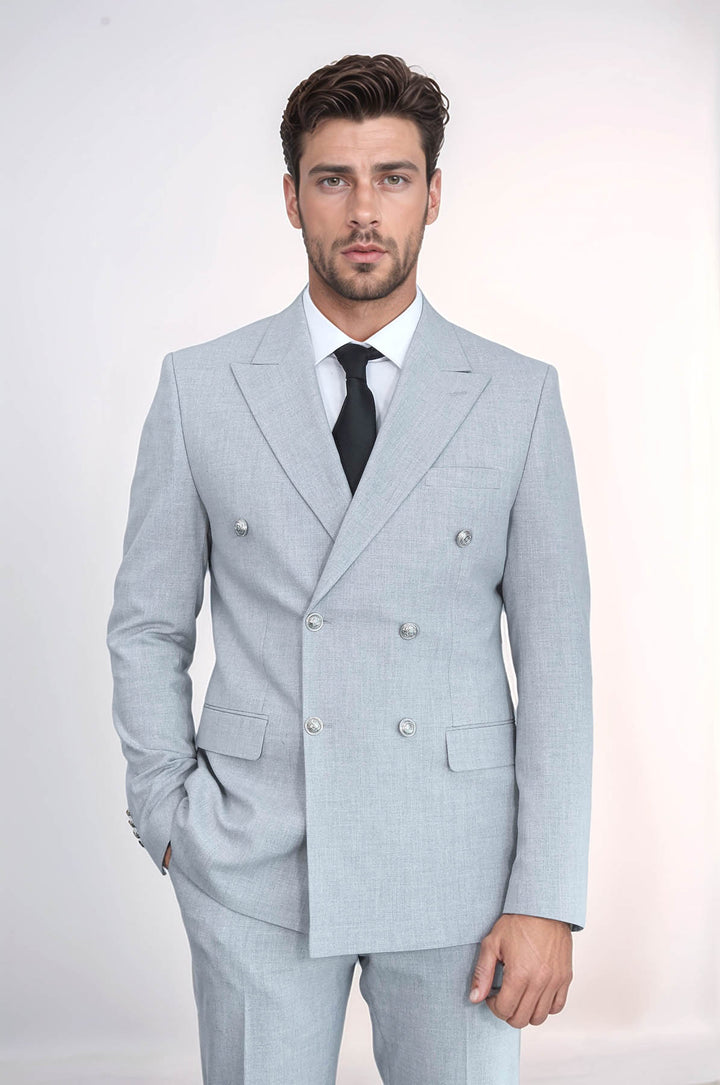 Slim Fit Double-Breasted Grey Men’s Suit with Silver-Tone Metal Buttons – Wessi
